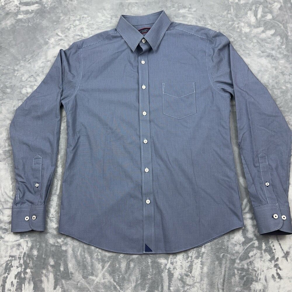 UNTUCKit Shirt Mens Sz M Cruz Slim Fit Wrinkle Free Navy Blue Mini Check Casual